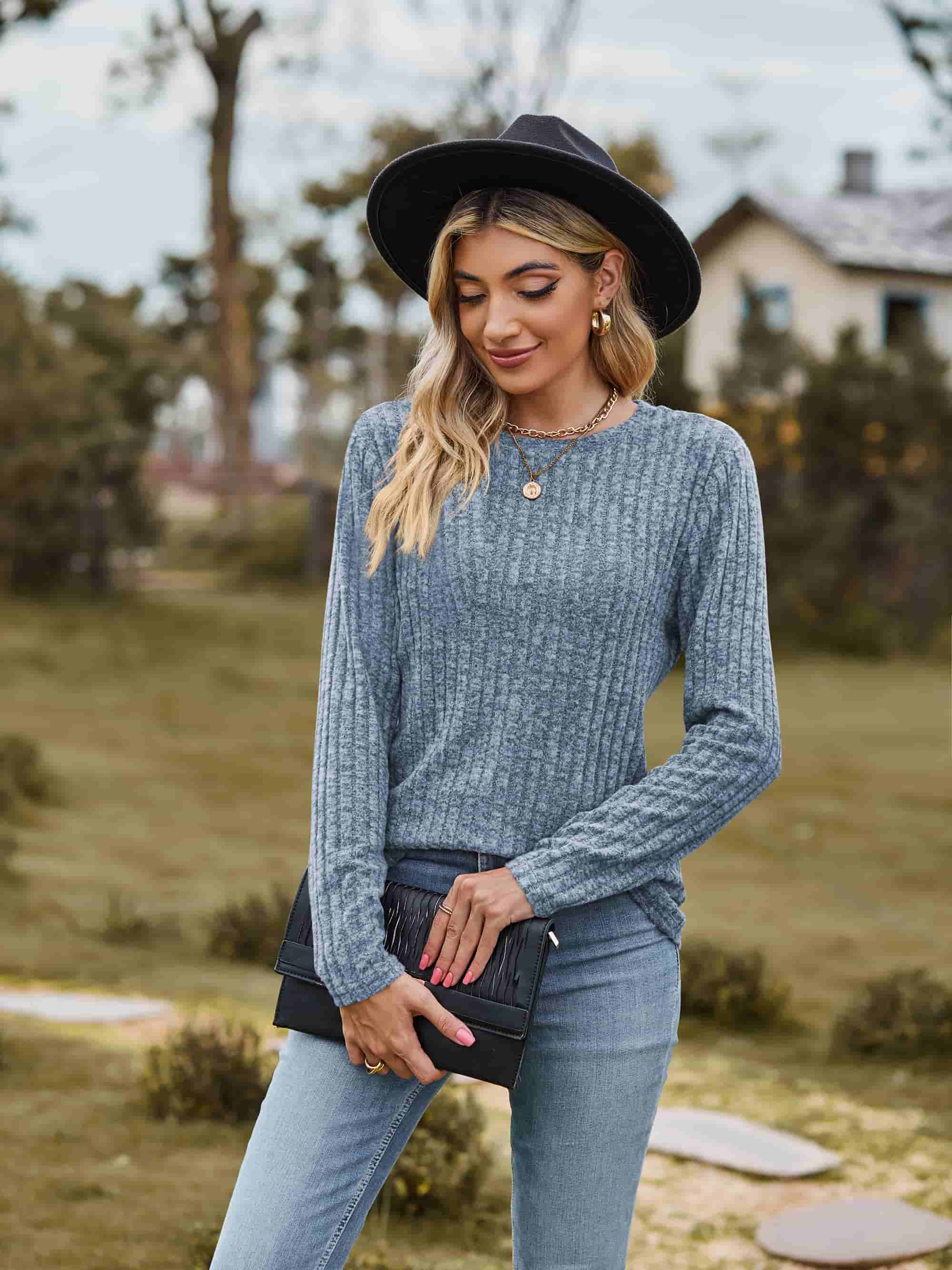 Ribbed Round Neck Long Sleeve Tee Tees by Trendsi | Fleurcouture