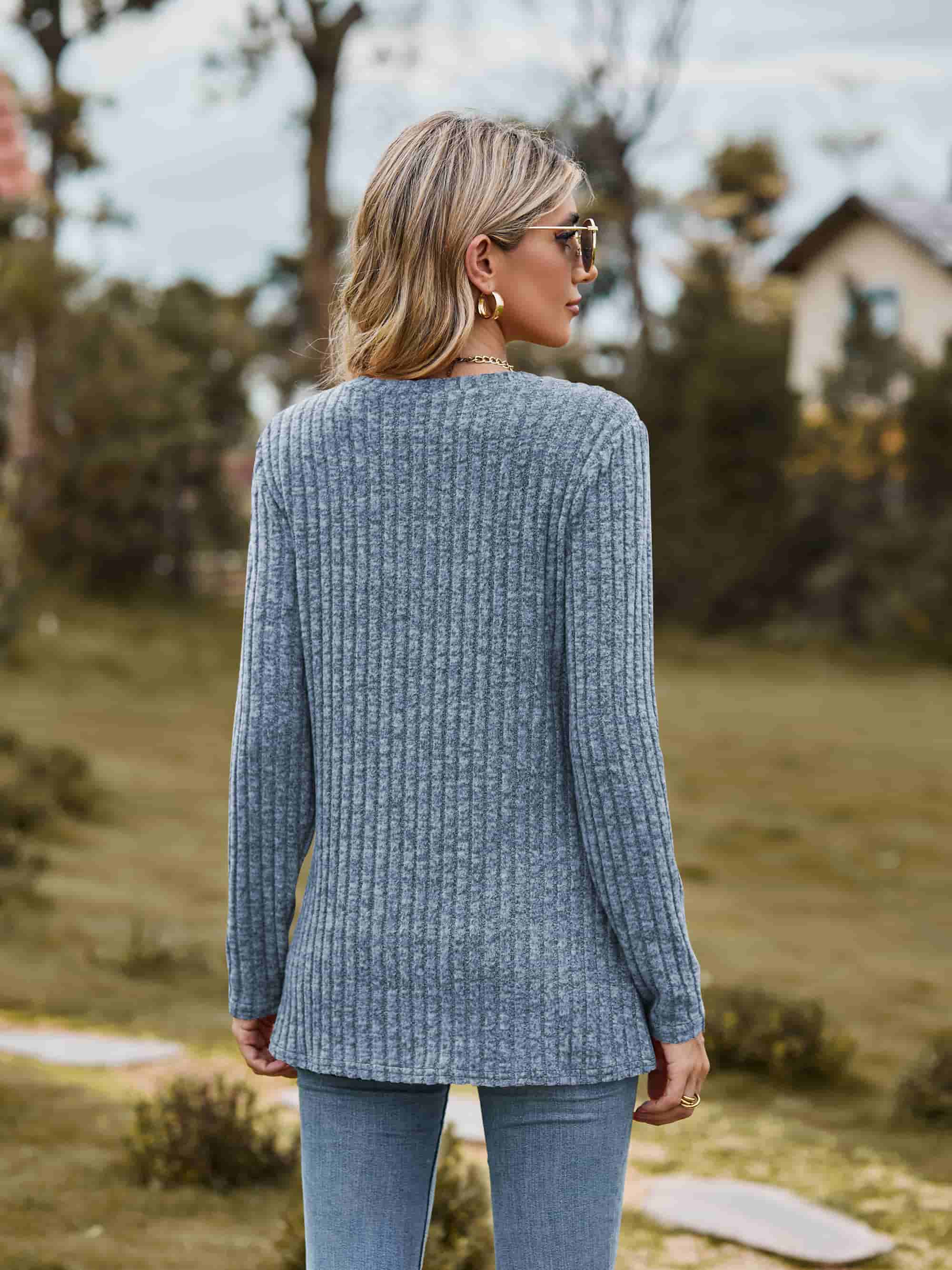 Ribbed Round Neck Long Sleeve Tee Tees by Trendsi | Fleurcouture