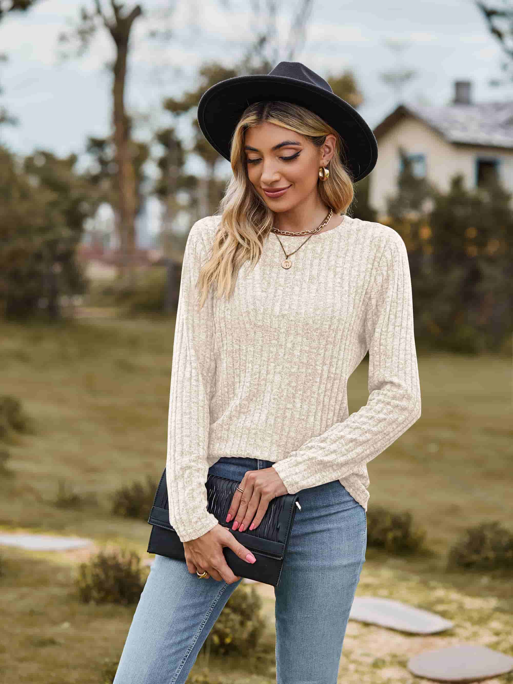 Ribbed Round Neck Long Sleeve Tee Tees by Trendsi | Fleurcouture