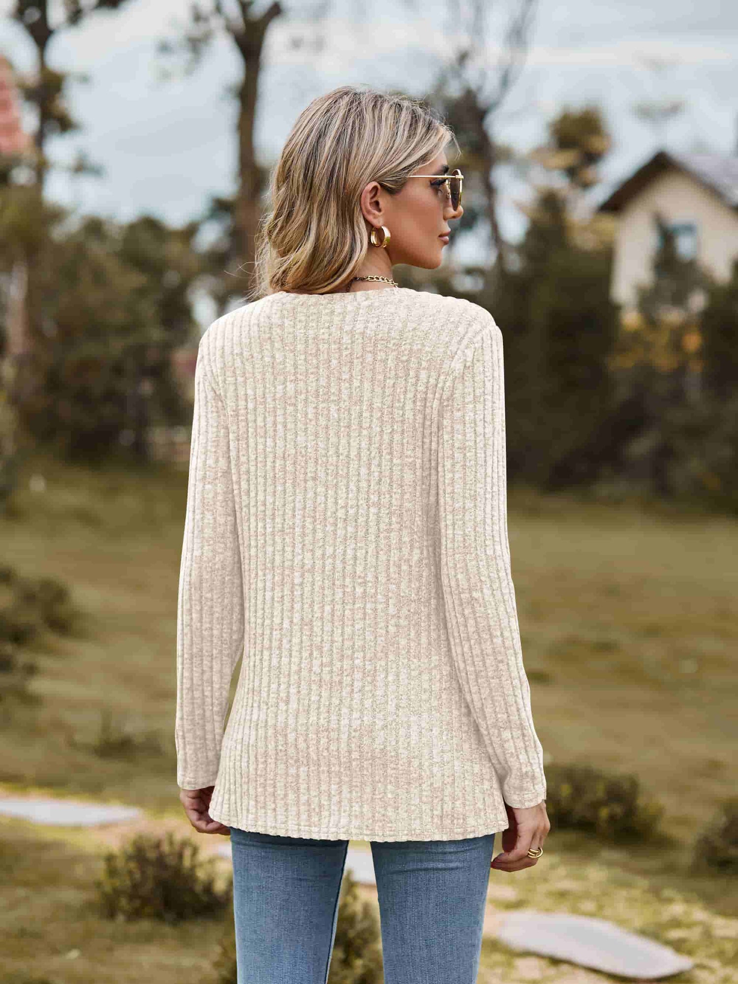 Ribbed Round Neck Long Sleeve Tee Tees by Trendsi | Fleurcouture