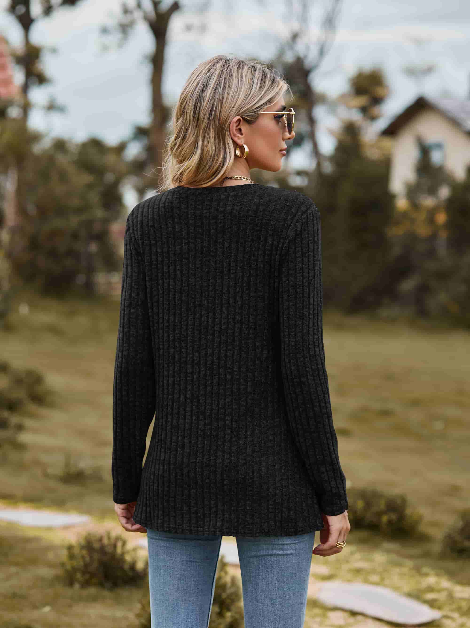 Ribbed Round Neck Long Sleeve Tee Tees by Trendsi | Fleurcouture