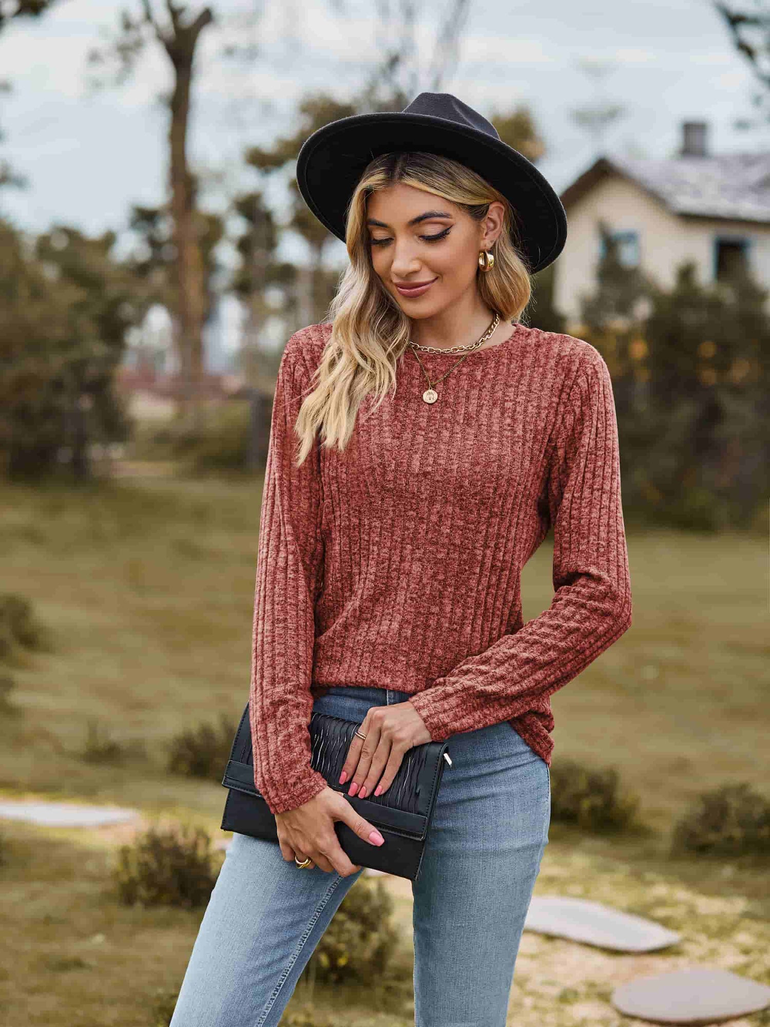 Ribbed Round Neck Long Sleeve Tee Tees by Trendsi | Fleurcouture