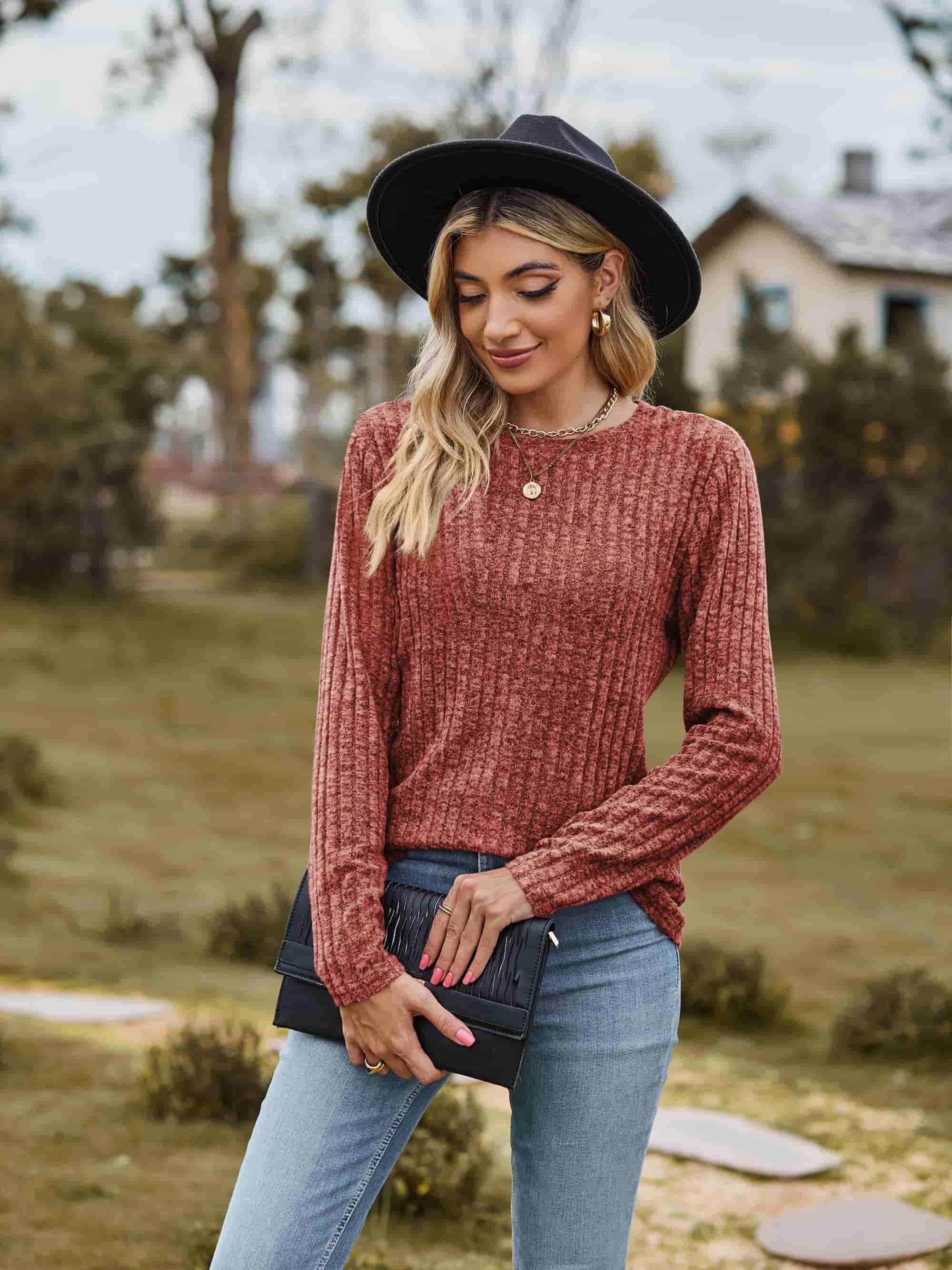 Ribbed Round Neck Long Sleeve Tee Tees by Trendsi | Fleurcouture