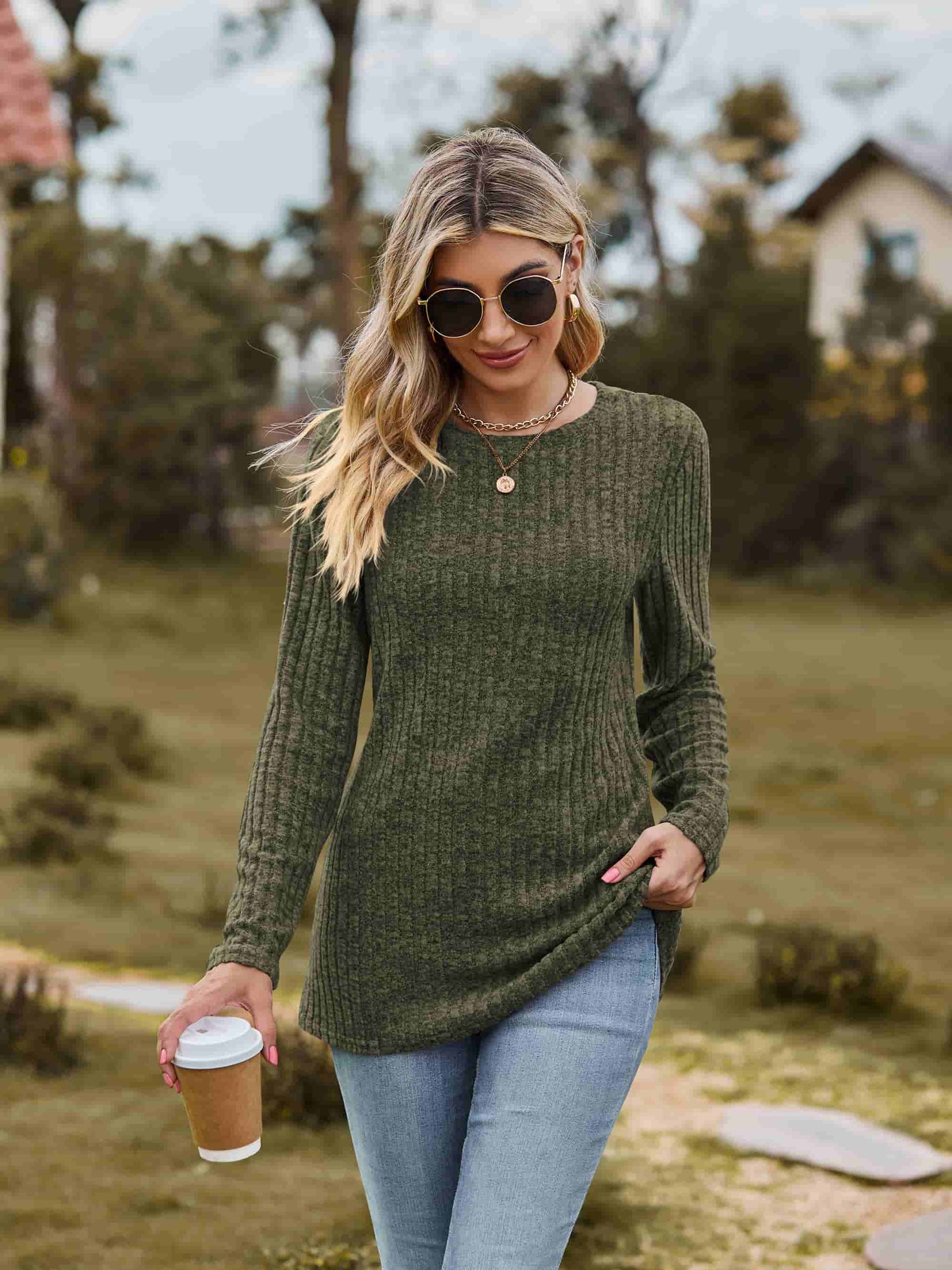 Ribbed Round Neck Long Sleeve Tee Tees by Trendsi | Fleurcouture