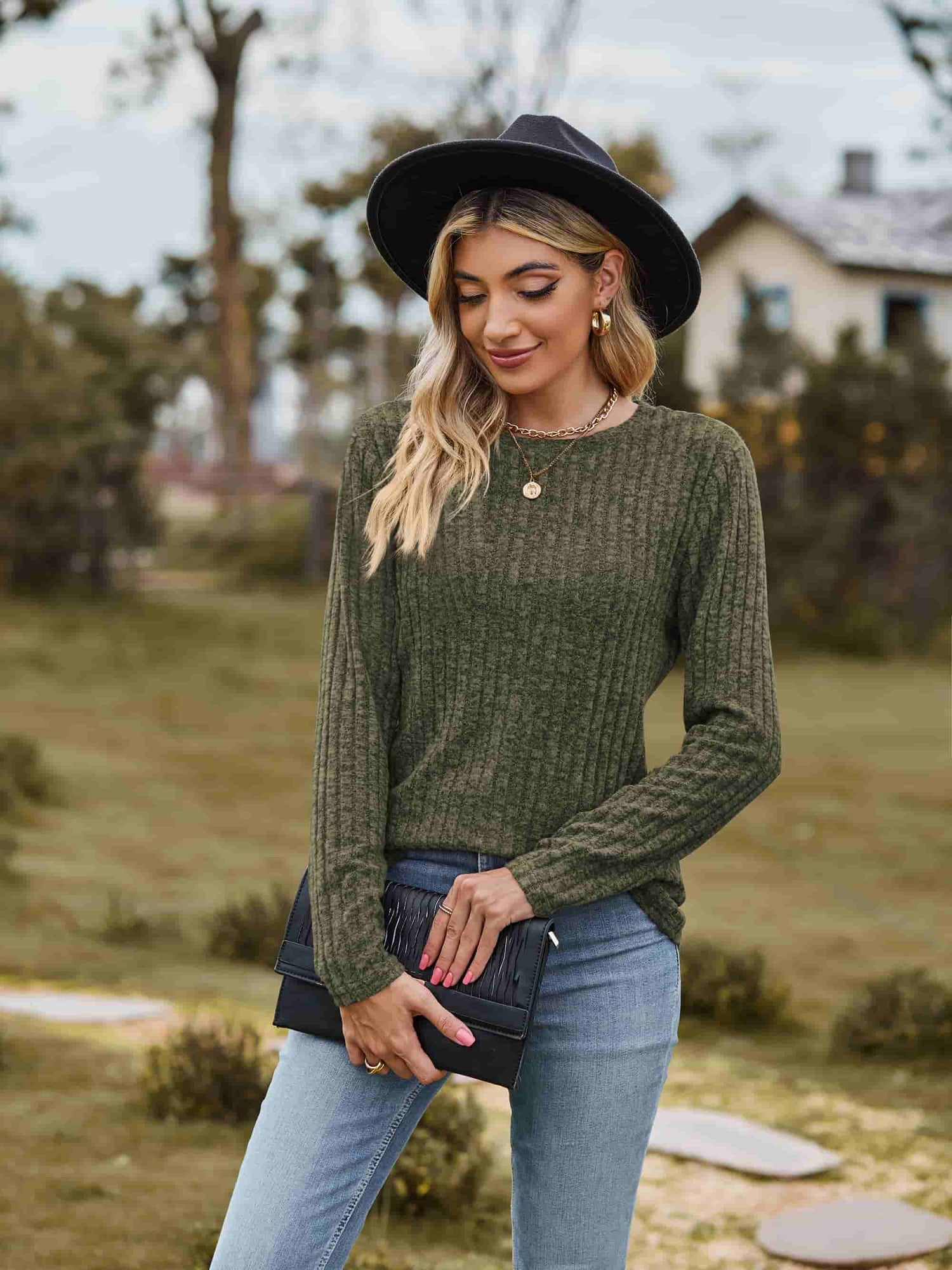 Ribbed Round Neck Long Sleeve Tee Tees by Trendsi | Fleurcouture