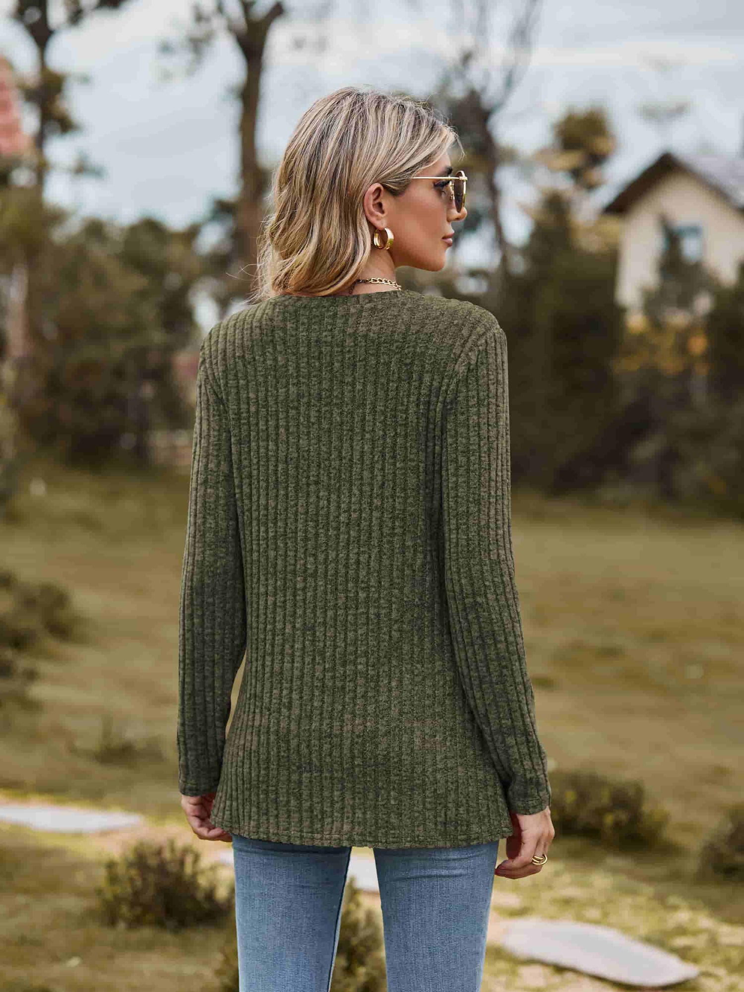 Ribbed Round Neck Long Sleeve Tee Tees by Trendsi | Fleurcouture
