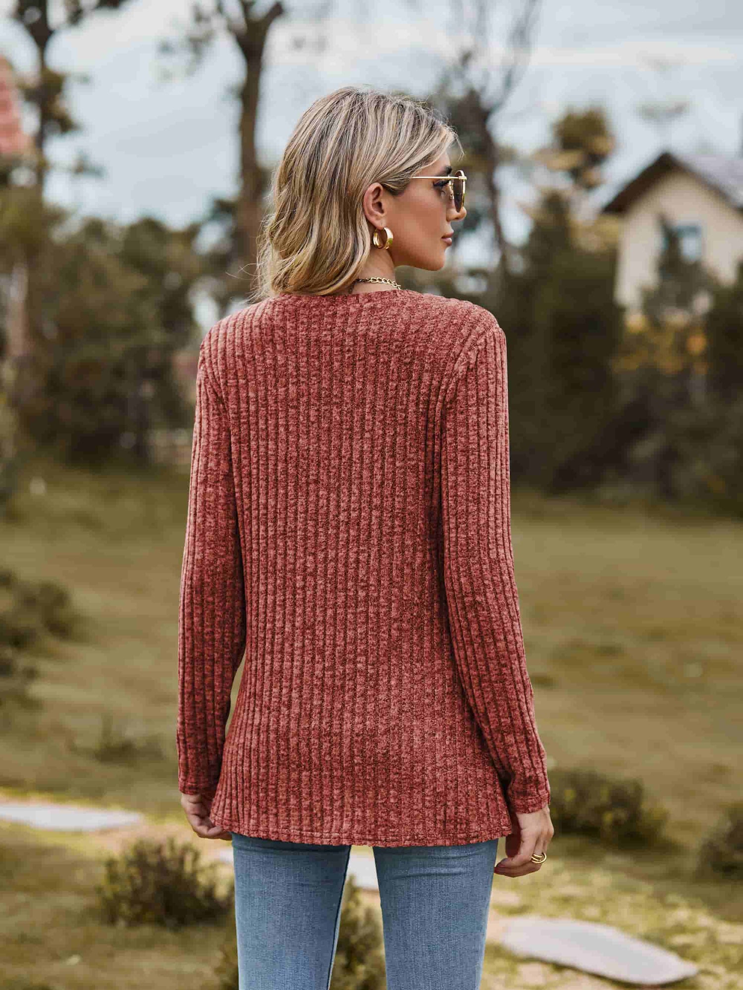Ribbed Round Neck Long Sleeve Tee Tees by Trendsi | Fleurcouture