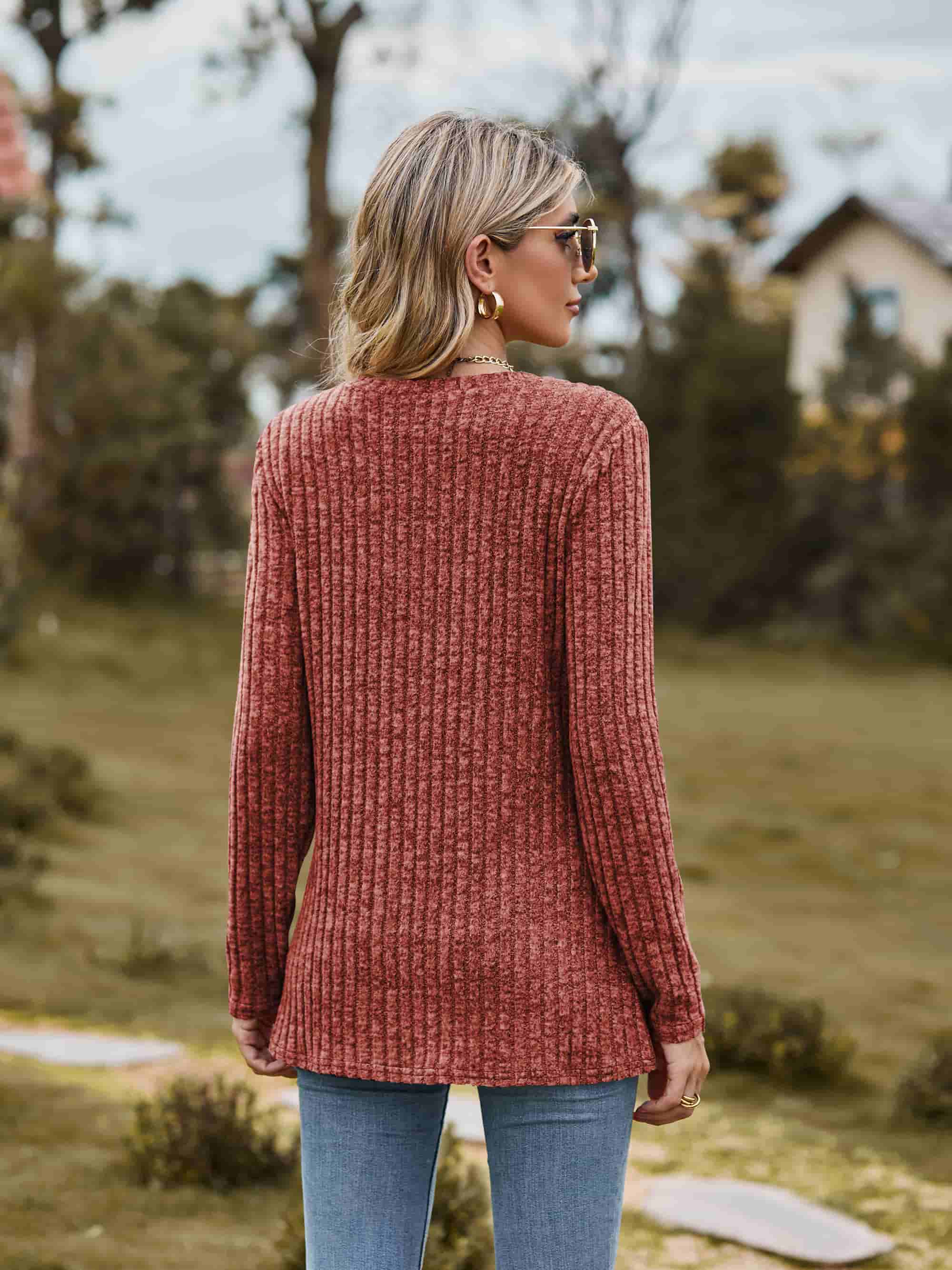 Ribbed Round Neck Long Sleeve Tee Tees by Trendsi | Fleurcouture