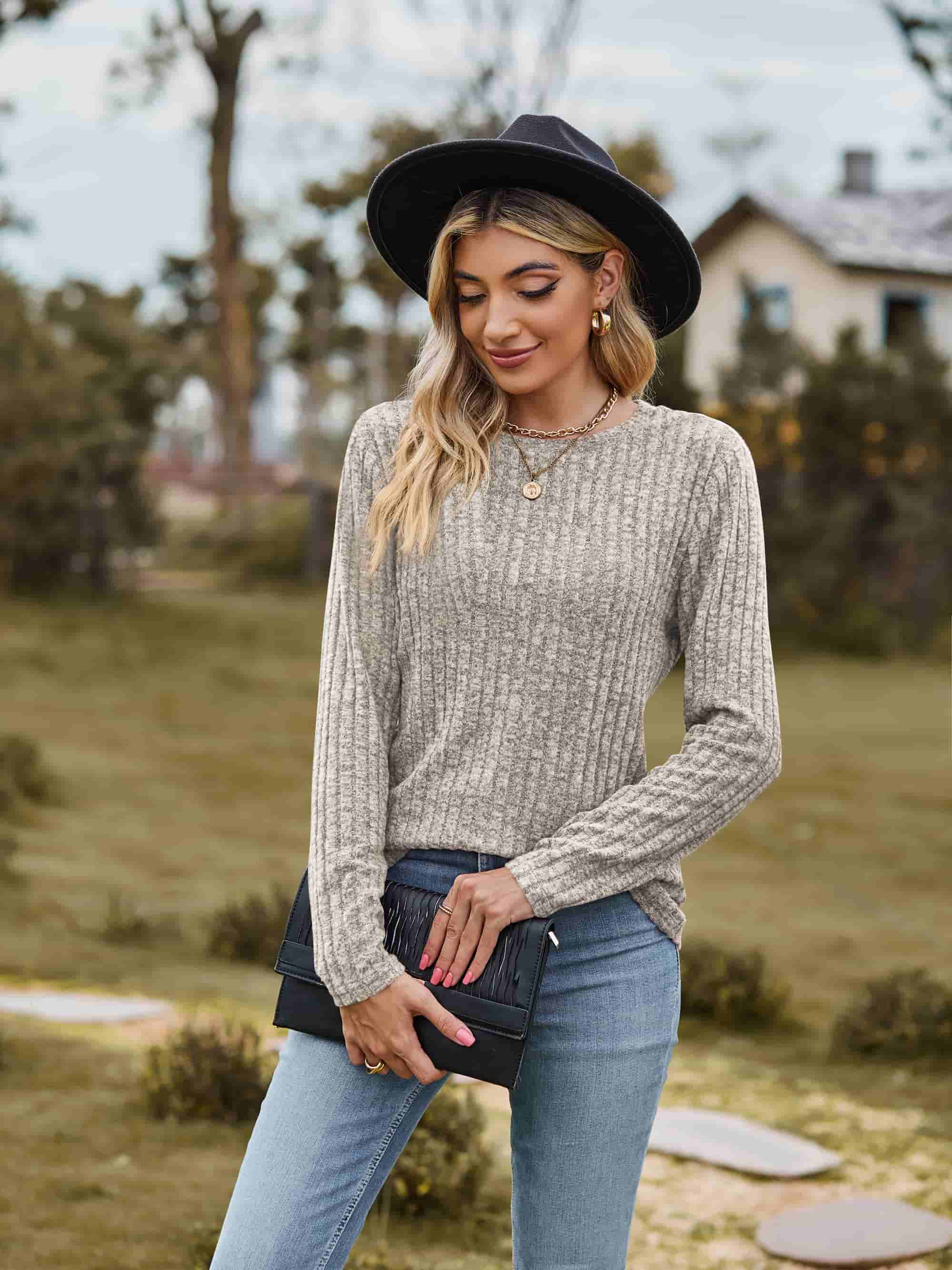Ribbed Round Neck Long Sleeve Tee Tees by Trendsi | Fleurcouture