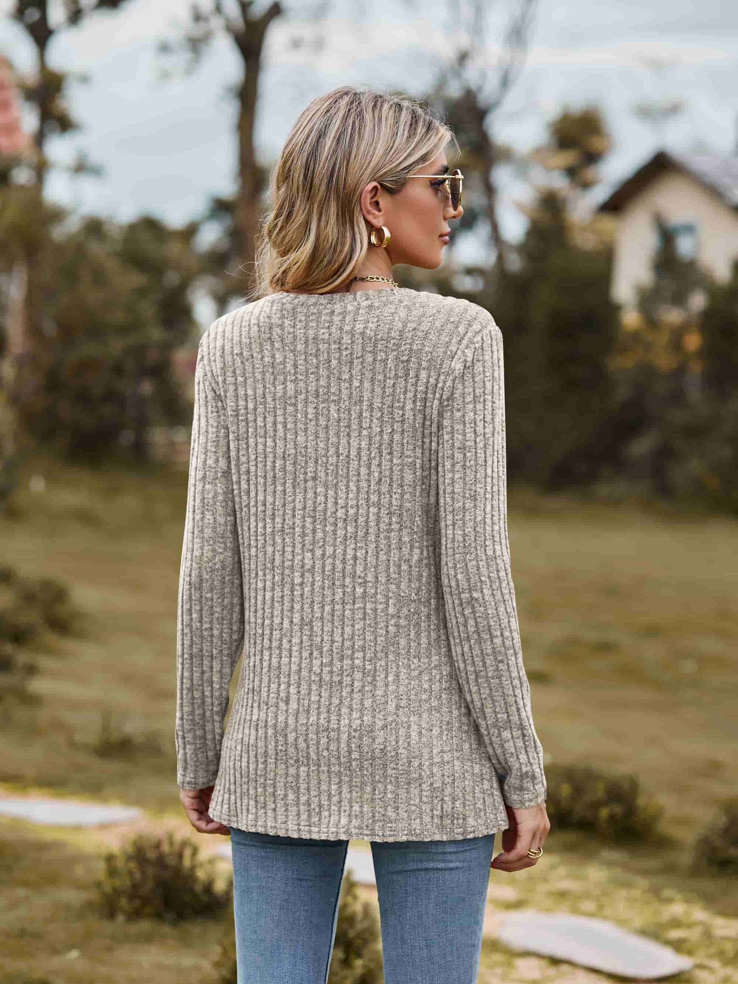 Ribbed Round Neck Long Sleeve Tee Tees by Trendsi | Fleurcouture