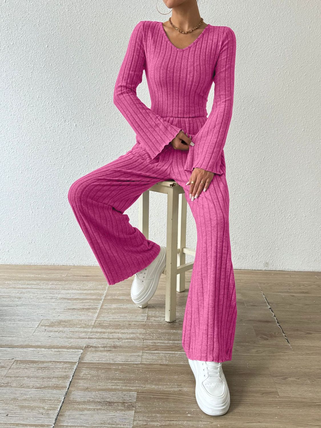 Ribbed V-Neck Long Sleeve Top and Pocketed Pants Set Women&