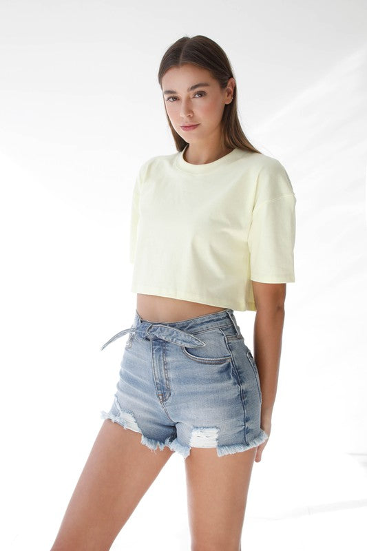 Ribbon Tie Frayed Denim Shorts MEDIUM by Denim Lab USA | Fleurcouture