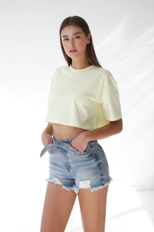 Ribbon Tie Frayed Denim Shorts MEDIUM by Denim Lab USA | Fleurcouture