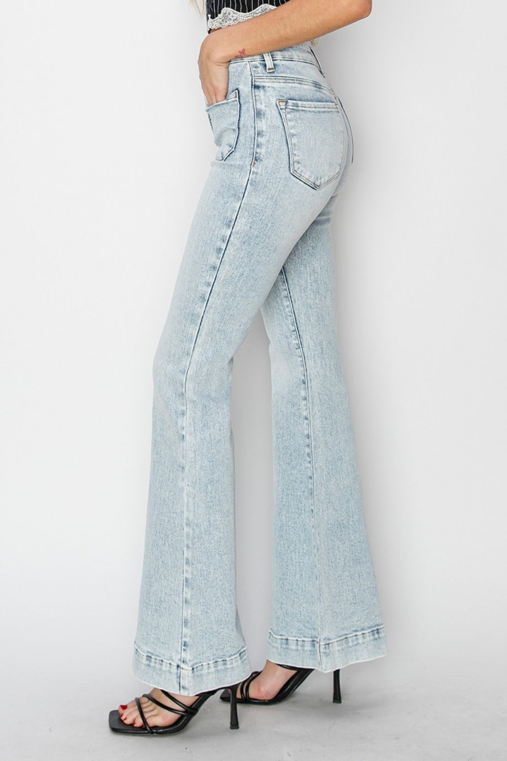 Risen Full Size High Rise Front Patch Pocket Flare Jeans Acid Light Women&