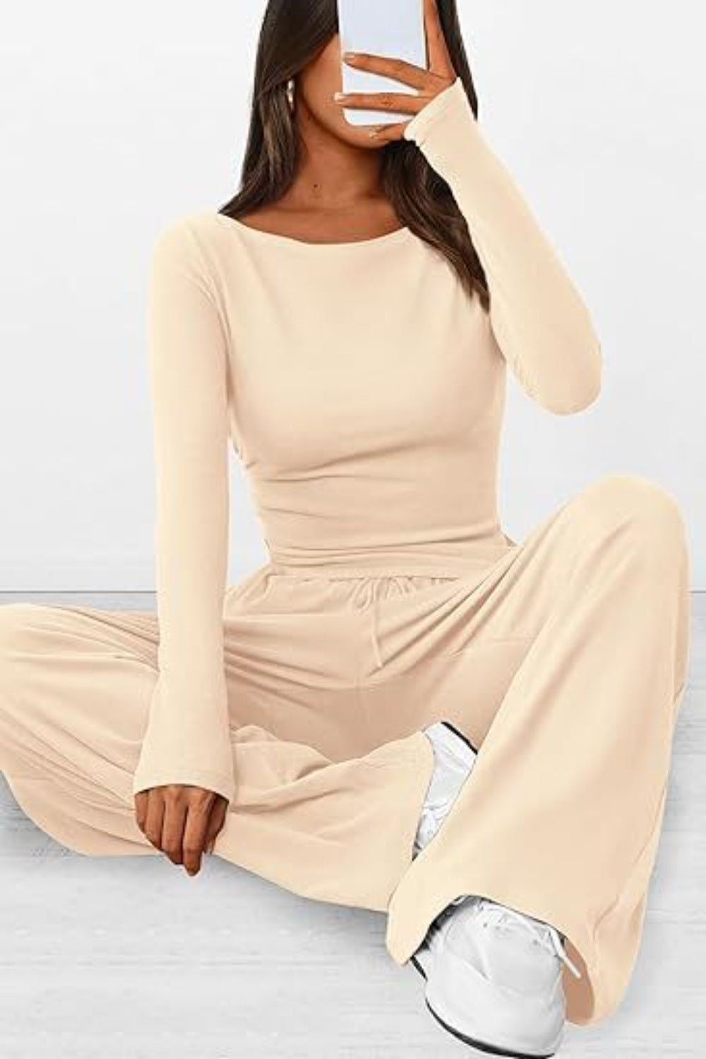 Round Neck Long Sleeve Top and Pants Set Women&