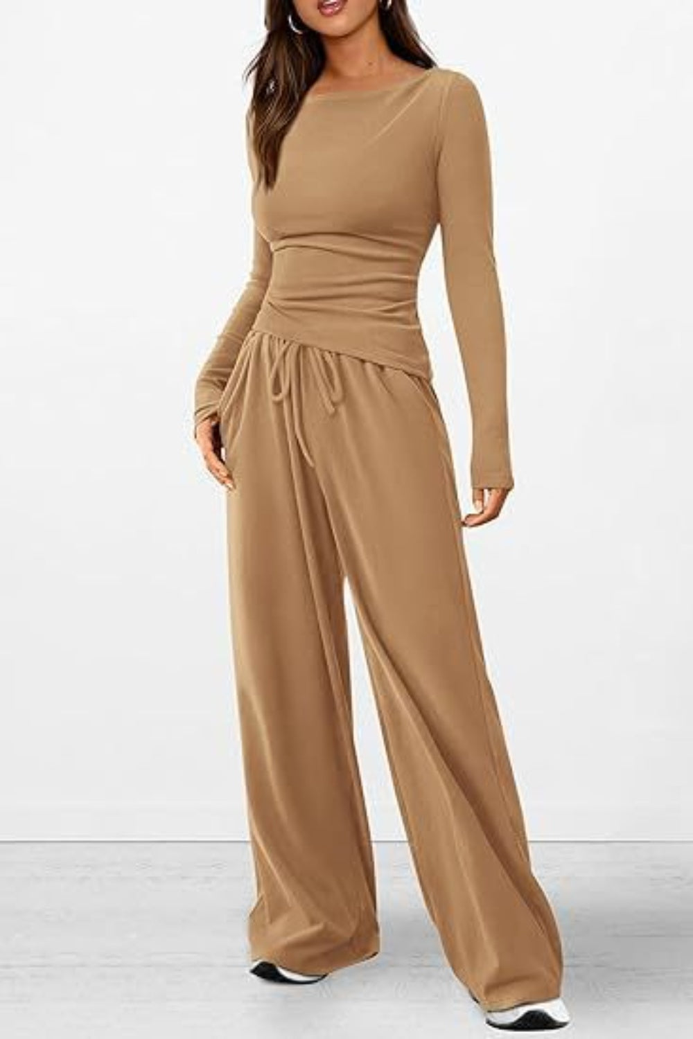Round Neck Long Sleeve Top and Pants Set Women&