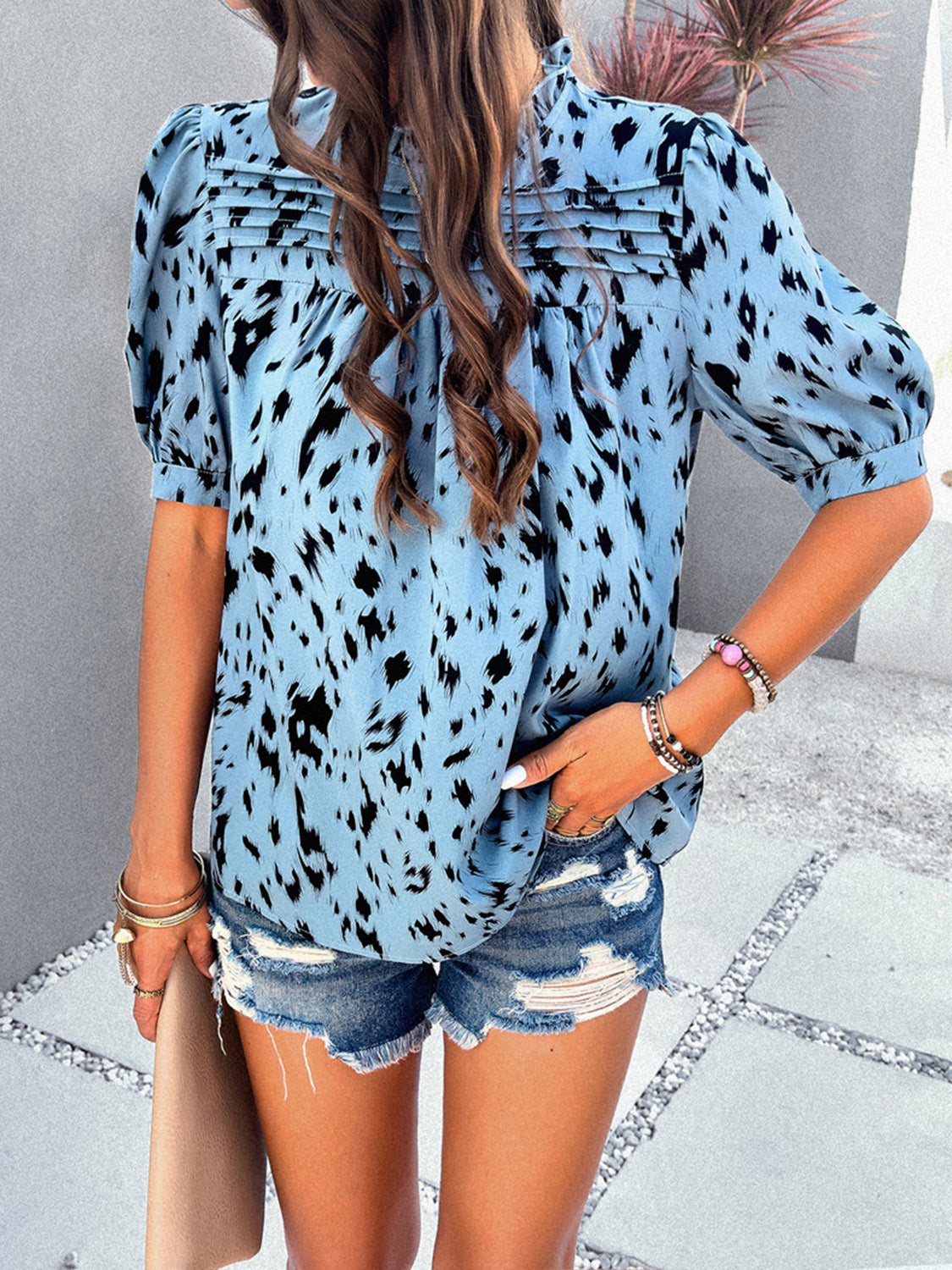 Ruched Printed Mock Neck Half Sleeve Blouse Tops/Blouses & Shirts by Trendsi | Fleurcouture