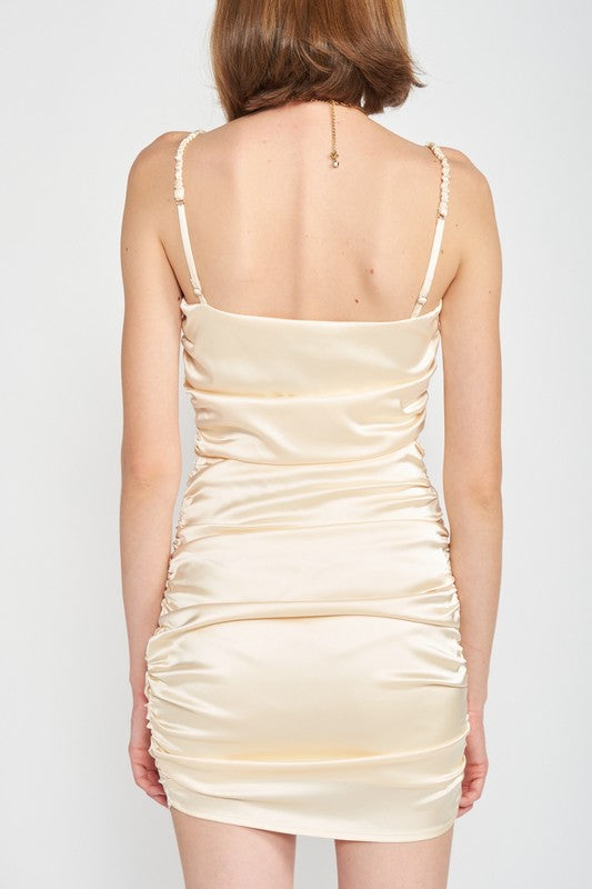 RUCHED SATIN SPAGHETTI STRAP MINI DRESS by Emory Park | Fleurcouture