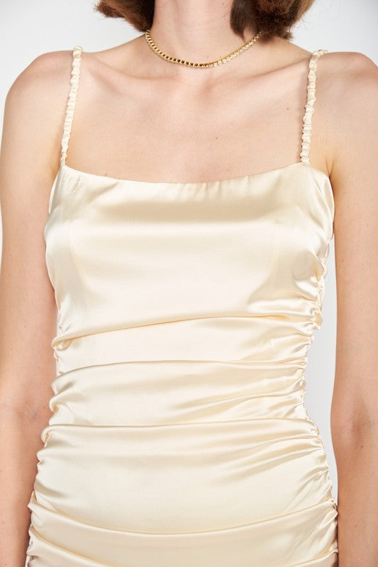 RUCHED SATIN SPAGHETTI STRAP MINI DRESS by Emory Park | Fleurcouture