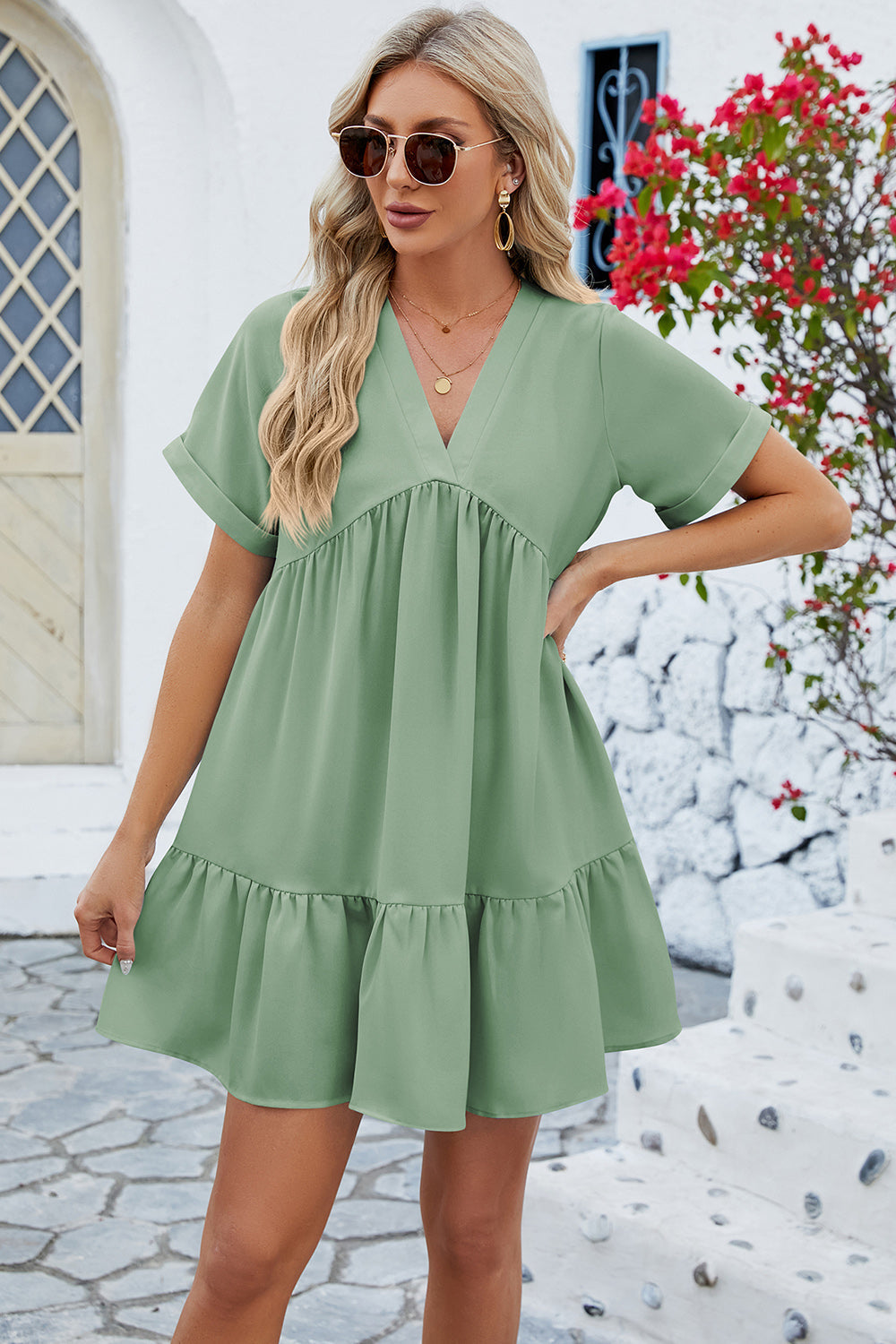 Ruched Tiered V-Neck Short Sleeve Mini Dress Dresses by Trendsi | Fleurcouture