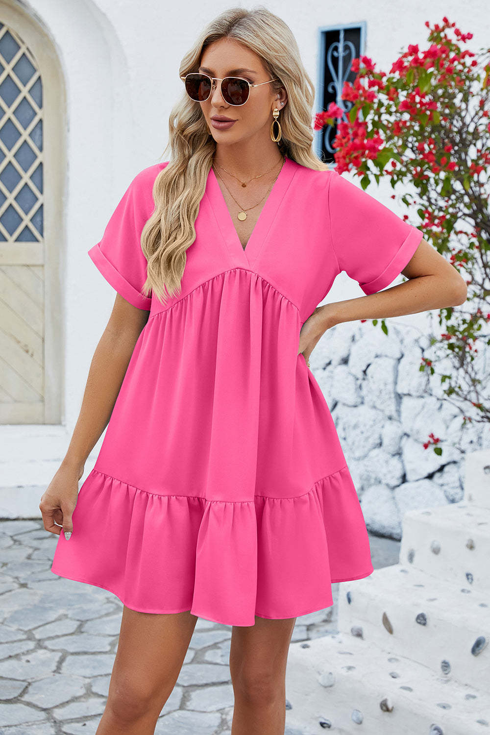 Ruched Tiered V-Neck Short Sleeve Mini Dress Hot Pink S Dresses by Trendsi | Fleurcouture