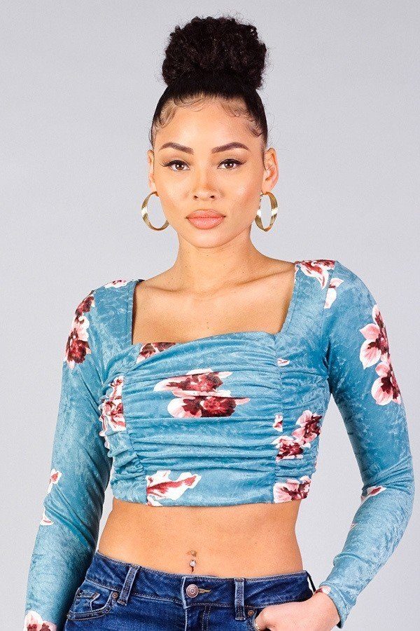 Ruched Velvet Floral Back Tie Crop Top by Fleurcouture | Fleurcouture
