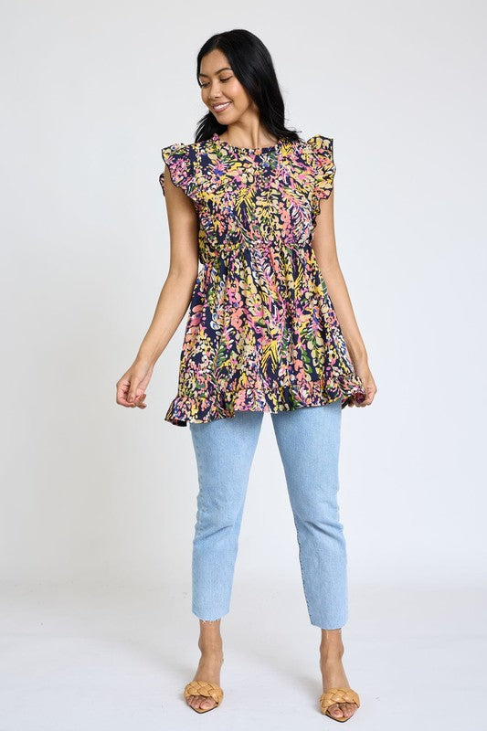 Ruffle floral leaf woven tunic top by EG fashion | Fleurcouture
