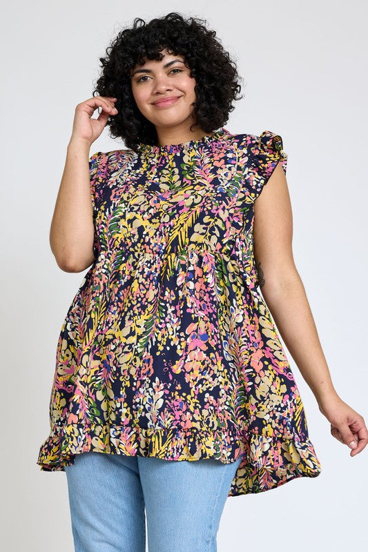 Ruffle floral leaf woven tunic top Navy 1X by EG fashion | Fleurcouture