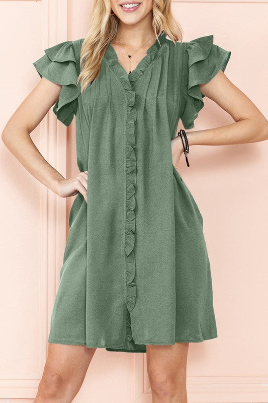Ruffle Sleeve V neck Green, Black dress w/ pocket Green by EG fashion | Fleurcouture