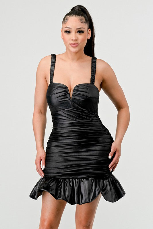 RUFFLE SQUARE NECK FAUX LEATHER MINI DRESS BLACK by Athina | Fleurcouture