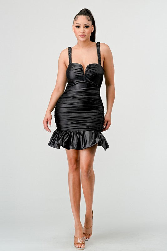 RUFFLE SQUARE NECK FAUX LEATHER MINI DRESS BLACK by Athina | Fleurcouture