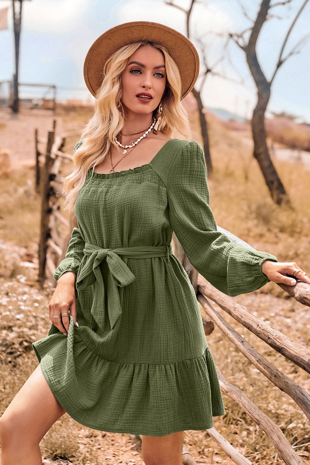 Ruffle Trim Tie Waist Balloon Sleeve Mini Dress by Trendsi | Fleurcouture