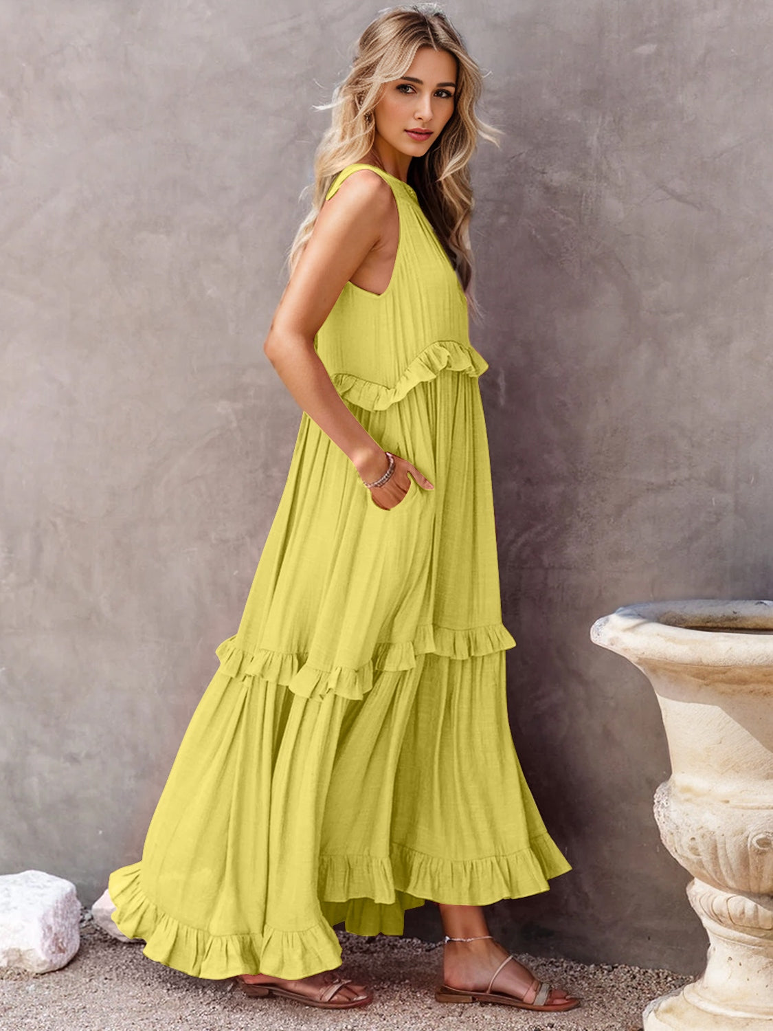 Ruffled Sleeveless Tiered Maxi Dress with Pockets Chartreuse S Dresses by Trendsi | Fleurcouture