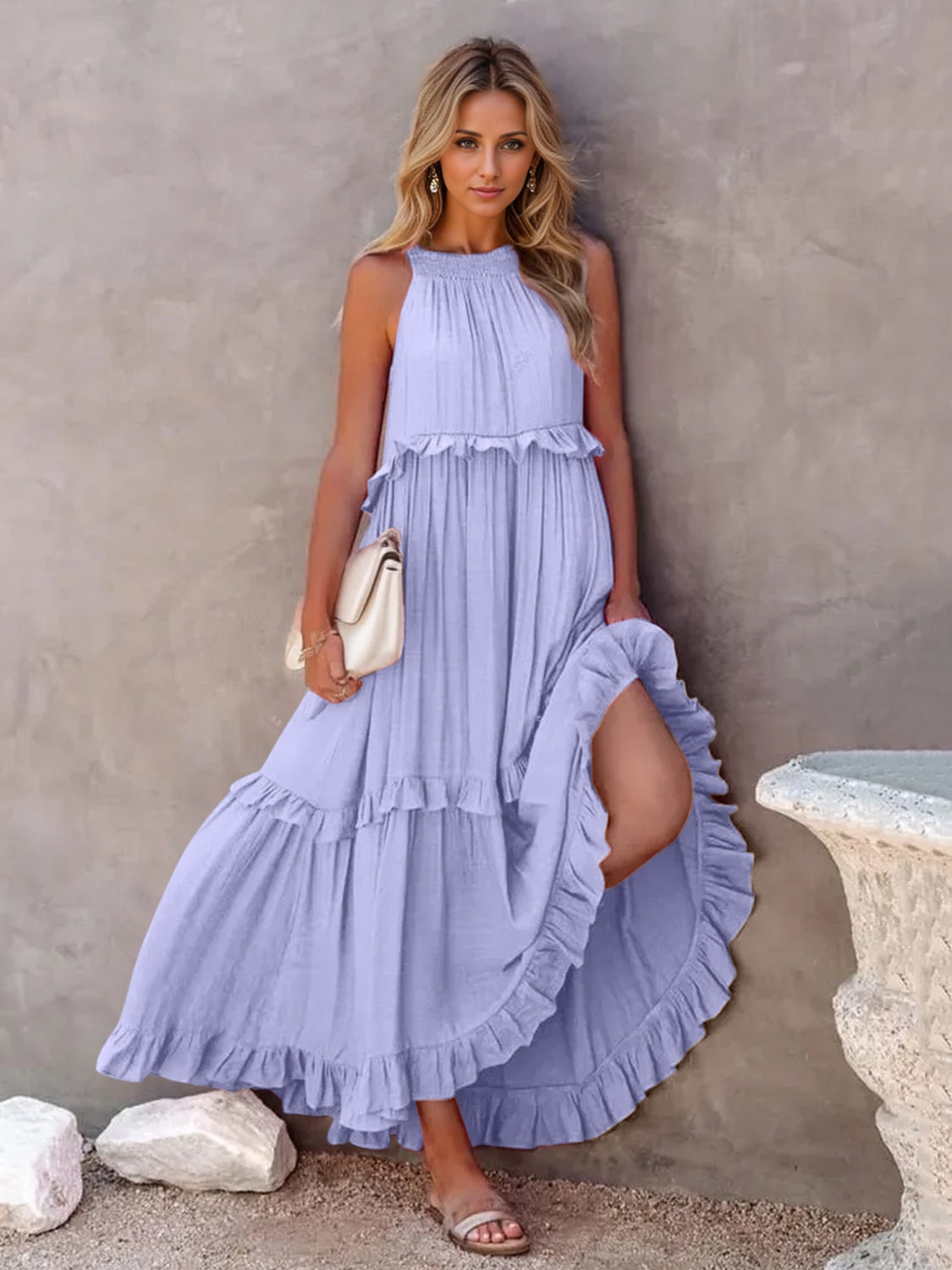 Ruffled Sleeveless Tiered Maxi Dress with Pockets Dresses by Trendsi | Fleurcouture