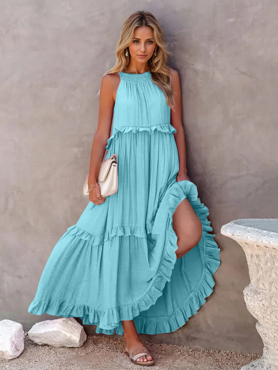 Ruffled Sleeveless Tiered Maxi Dress with Pockets Sky Blue S Dresses by Trendsi | Fleurcouture