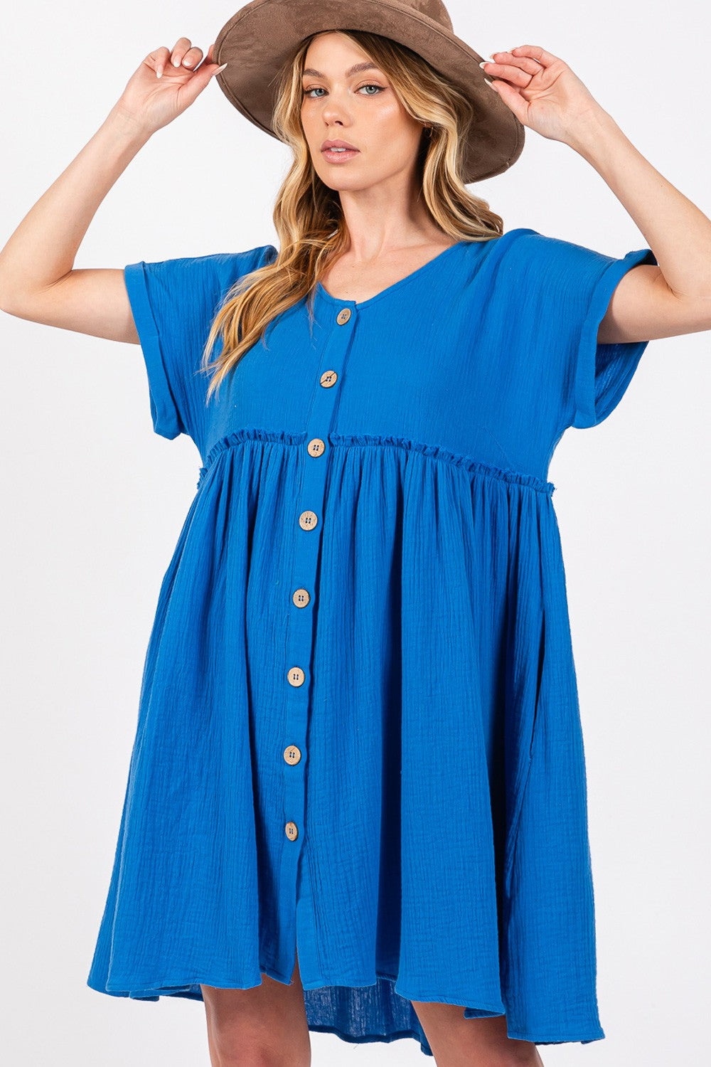 SAGE + FIG Button Up short Sleeve Dress Blue Women&