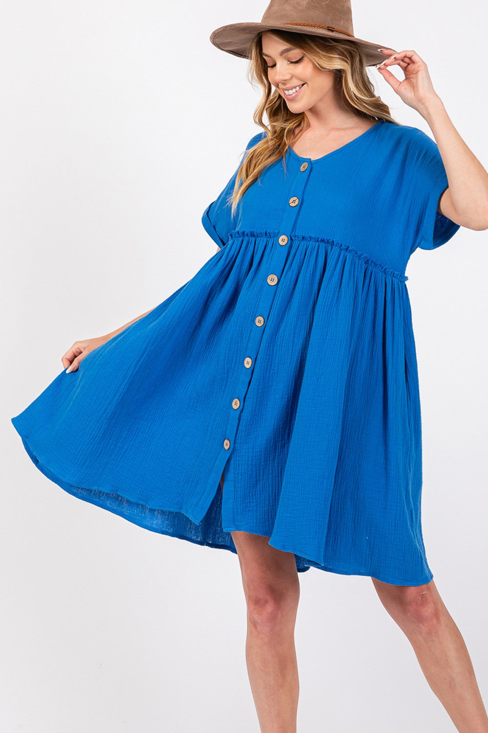 SAGE + FIG Button Up short Sleeve Dress Blue Women&