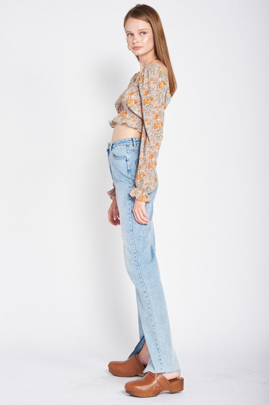 SCOOP NECK FLORAL TOP WITH RUFFLE DETAIL ORANGE FLORAL by Emory Park | Fleurcouture