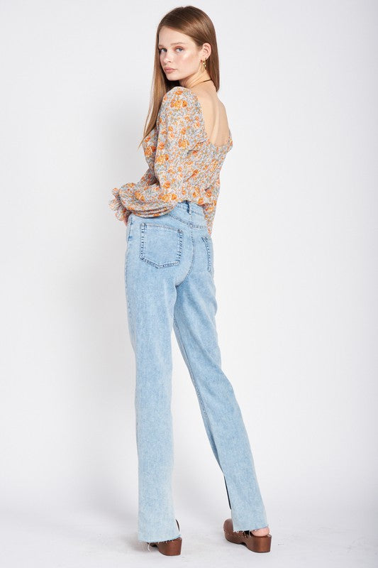 SCOOP NECK FLORAL TOP WITH RUFFLE DETAIL ORANGE FLORAL by Emory Park | Fleurcouture