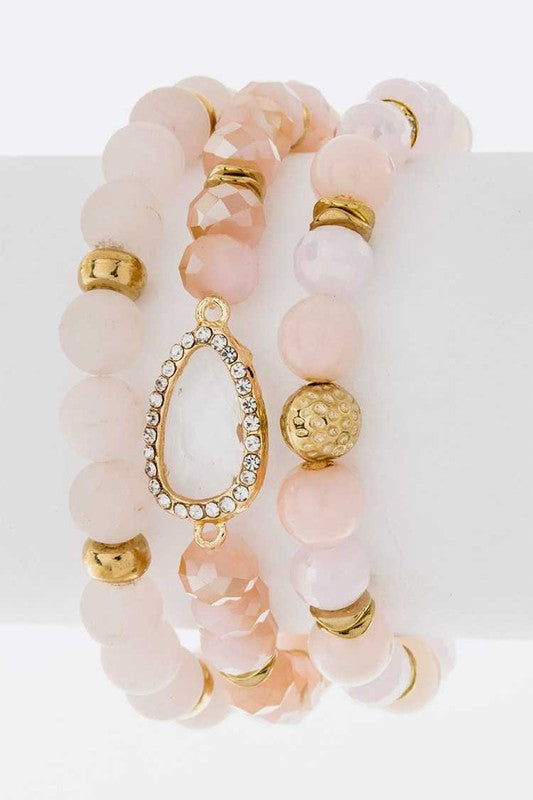 Semi Precious Mix Beads Stretch Bracelet Set Pink O/S by LA Jewelry Plaza | Fleurcouture