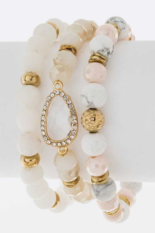 Semi Precious Mix Beads Stretch Bracelet Set White O/S by LA Jewelry Plaza | Fleurcouture