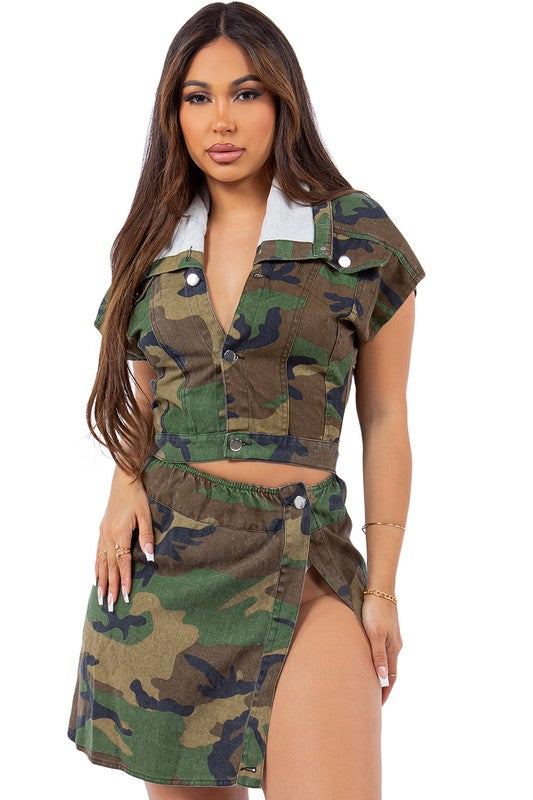 SEXY DENIM TWO PIECE SET CAMOFLAGE by By Claude | Fleurcouture