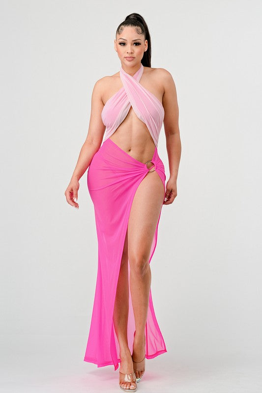 SEXY TIE AROUND HIGH SLIT DRESS PINK by Athina | Fleurcouture