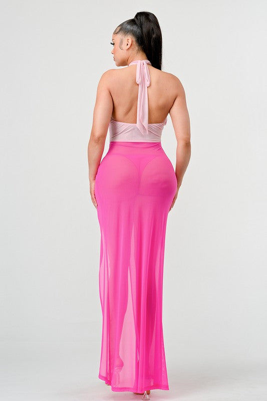SEXY TIE AROUND HIGH SLIT DRESS PINK by Athina | Fleurcouture