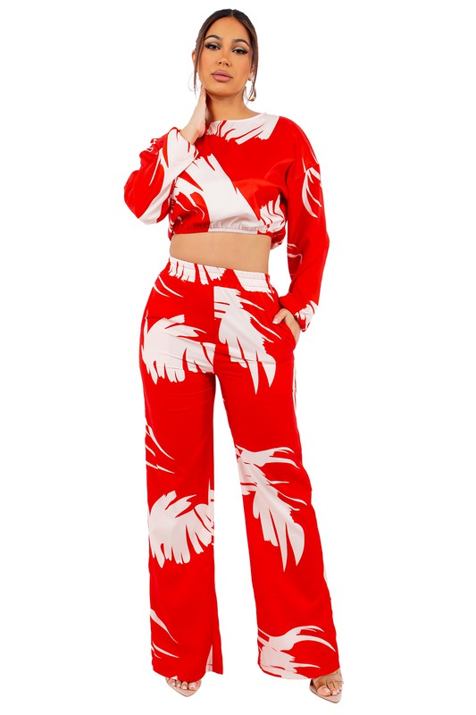 SEXY TWO PIECE SET TOP AND PANT RED MULTI by By Claude | Fleurcouture