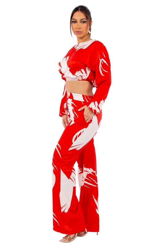 SEXY TWO PIECE SET TOP AND PANT RED MULTI by By Claude | Fleurcouture