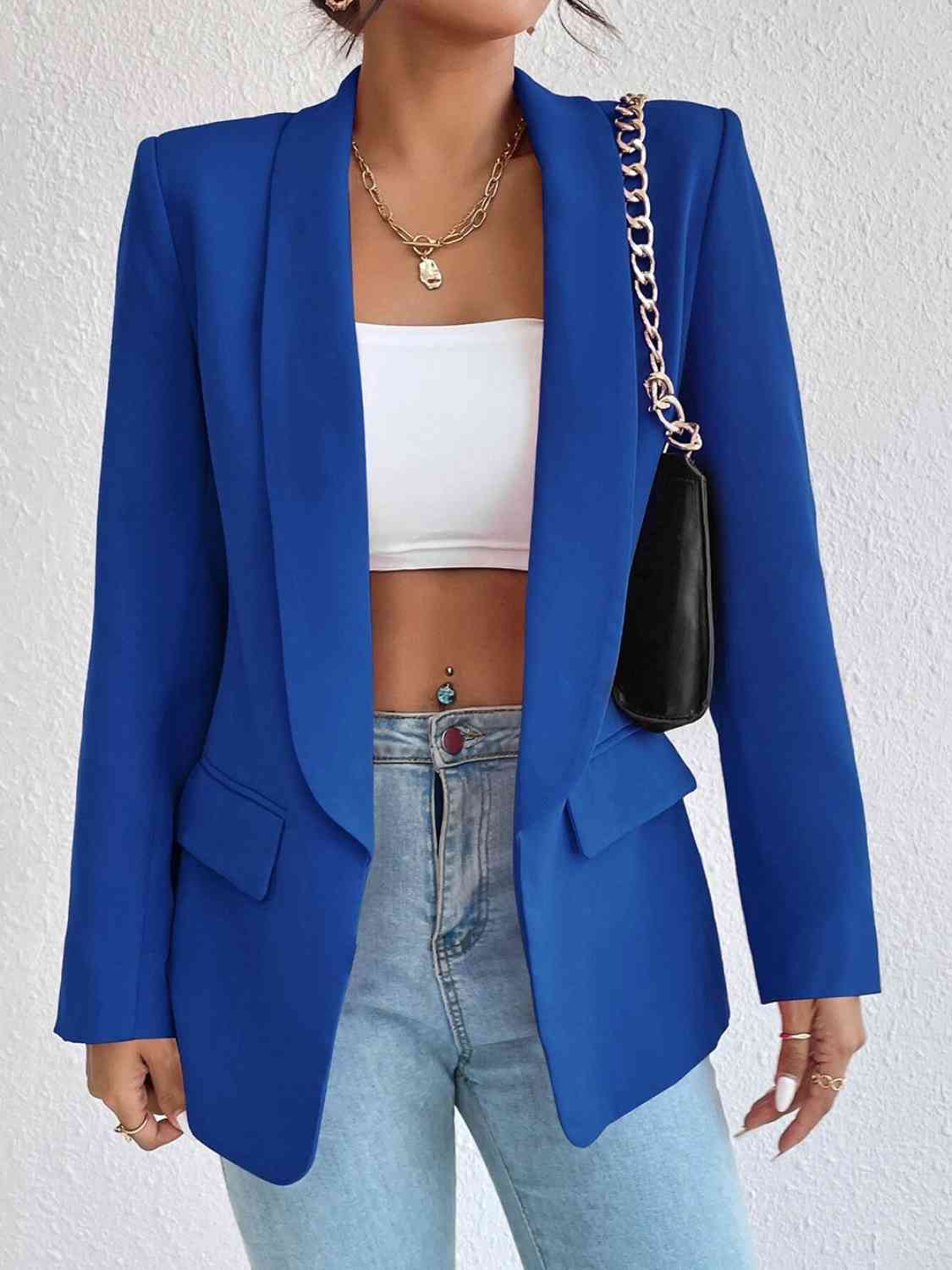 Shawl Collar Long Sleeve Blazer Royal Blue S by Trendsi | Fleurcouture