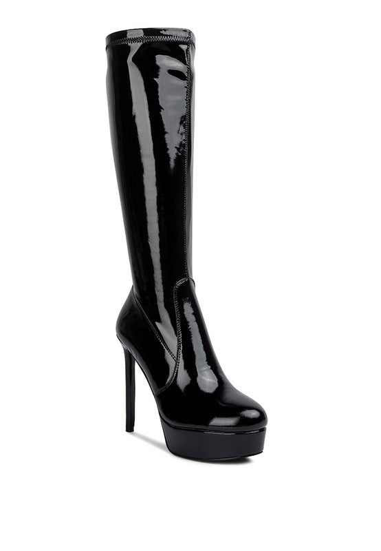 Shawtie High Heeled Stretch Patent Calf Boots Black 5 by Rag Company | Fleurcouture