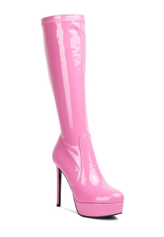 Shawtie High Heeled Stretch Patent Calf Boots Pink 5 by Rag Company | Fleurcouture