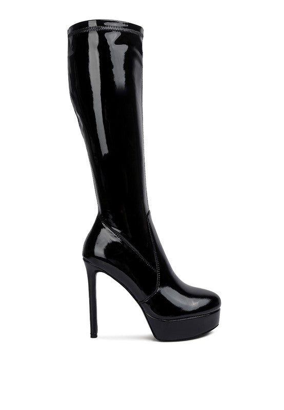 Shawtie High Heeled Stretch Patent Calf Boots by Rag Company | Fleurcouture